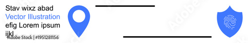 Navigation tools, digital security, authentication, identity verification, data protection, cybersecurity. A blue location pin and shield with fingerprint icon. Navigation and digital security