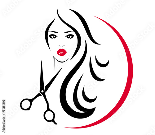 Hair salon icon with woman haircut long hair, hairdresser scissors