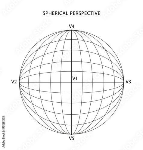 Spherical perspective diagram with five vanishing points. Flat style vector illustration isolated on a white background.