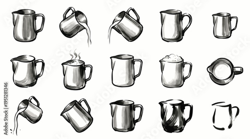 A collection of diverse milk pitchers and creamer jugs, showcasing various pouring actions and styles.