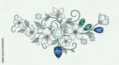 Floral jewelry design with white flowers green leaves blue and green gemstones on light background