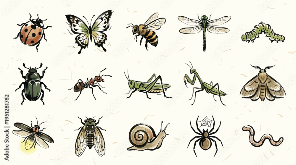 Obraz premium A collection of detailed illustrations of various insects and small creatures on a textured background.