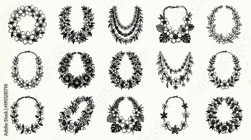 A collection of 15 detailed black and white illustrations of various floral leis, showcasing intricate designs and botanical elements.