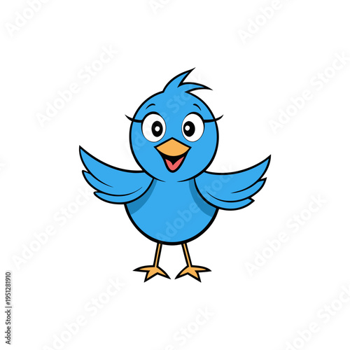 Cheerful cartoon blue bird mascot with wide open wings standing cheerfully isolated on a white background