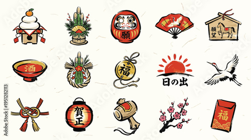 A collection of traditional Japanese New Year's decorations and symbols, including daruma dolls, kadomatsu, and lucky charms, presented in a charming illustration style.