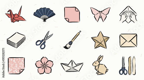 A collection of hand-drawn icons representing origami, paper crafts, and related tools, including a crane, fan, paper, scissors, brush, star, envelope, flower, boat, and rabbit.