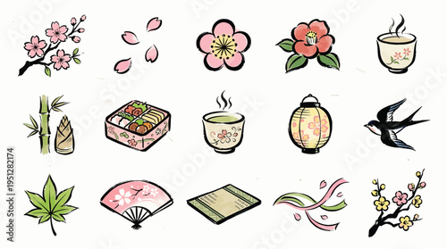 A collection of traditional Japanese cultural icons, including cherry blossoms, bamboo, tea, fans, and swallows, rendered in a delicate watercolor style.