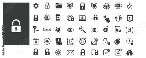A comprehensive collection of security and privacy vector icons, representing digital protection and data safety.