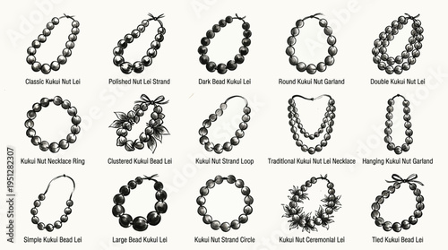Collection of 15 illustrations showcasing various styles of Kukui Nut leis and garlands, including classic, braided, and ceremonial designs.