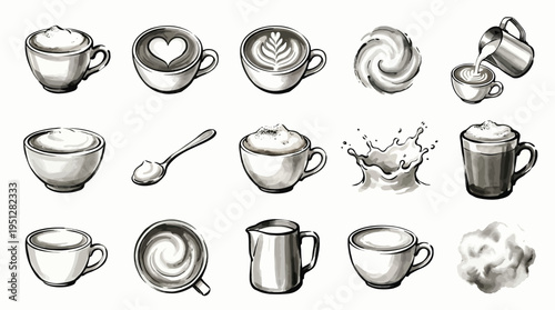 A collection of hand-drawn illustrations depicting various coffee-related elements, including cups of coffee with latte art, frothy milk, and splashing liquids.