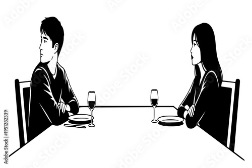 Couple Silent Treatment Isolation at Table Marriage Conflict Relationship Cold War Black Vector Silhouette