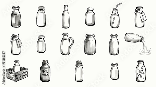 A collection of vintage-style glass milk bottles, some with labels and straws, rendered in a black and white sketch style.