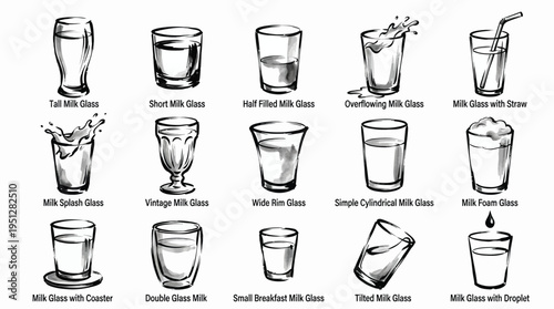 A comprehensive illustration showcasing various types of milk glasses, each labeled with its specific name and design.