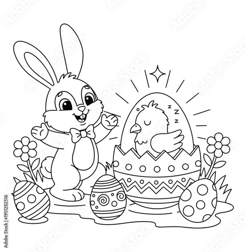 Easter coloring page shows a cute bunny watching a chick hatching from a decorated egg