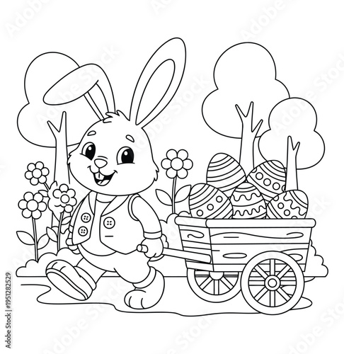 Easter coloring page shows a cute bunny pulling a cart filled with decorated eggs in a garden