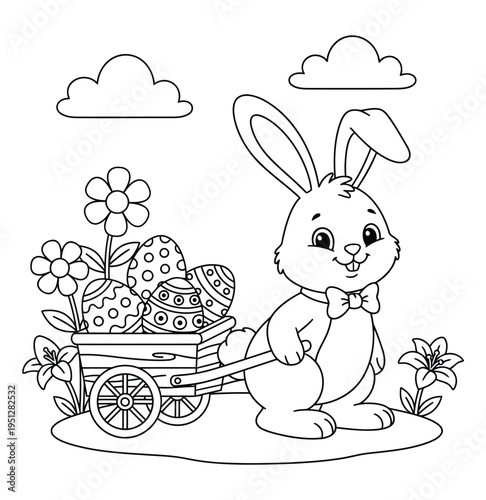 Easter coloring page shows a cute bunny pulling a cart filled with decorated eggs and flowers