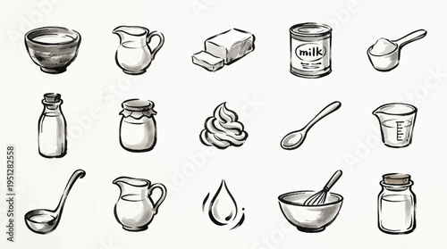 A collection of hand-drawn illustrations depicting various dairy products and kitchen utensils, presented in a grid layout.