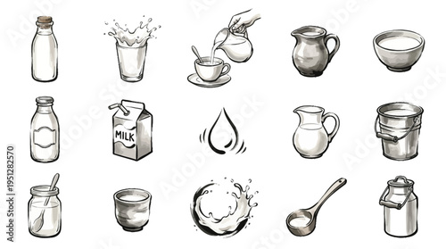 A collection of hand-drawn illustrations depicting various containers and forms of milk, including bottles, cartons, jugs, and splashes.