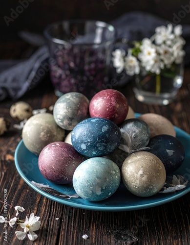 painted colored Easter eggs on a blue plate on a dark wooden background