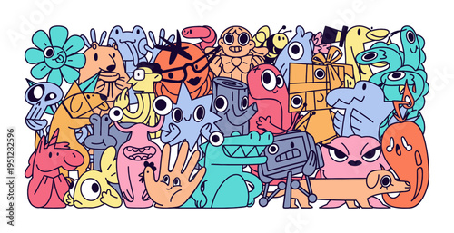 Crowd of abstract doodle characters. Banner with funny group of happy animals, groovy geometric shapes, cute aliens and funky robots from child imagination. Flat isolated vector illustration on white