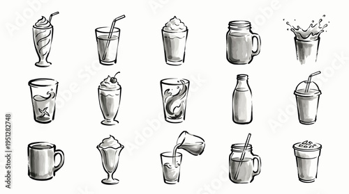 A collection of hand-drawn sketches of various beverages in different glasses and containers, showcasing a variety of drinks and serving styles.