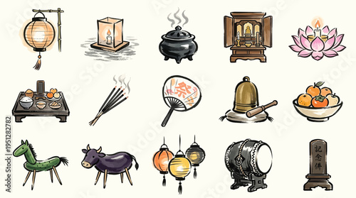 A collection of traditional Japanese cultural and religious items, including lanterns, incense, a lotus flower, and various ritualistic objects.