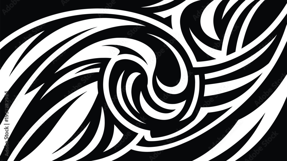Fototapeta premium Modern black and white abstract tribal wave pattern with fluid flowing curves for creative backgrounds and art.