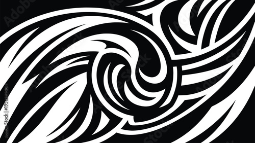 Modern black and white abstract tribal wave pattern with fluid flowing curves for creative backgrounds and art.