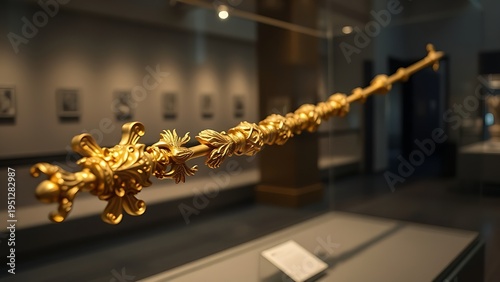 glaive. A ceremonial gilded glaive with carved shaft displayed in a museum. event programs, museum guides, designed for cultural heritage projects and event programs, preserves heritage.