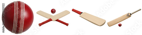 Fotografie Realistic 3D render of a traditional red cricket ball and light wooden cricket bats from various angles