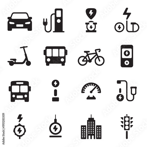 Electric vehicle and urban transport icons, including charging, cars, buses, and city infrastructure.
