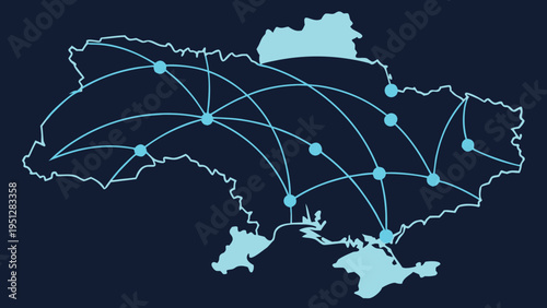 Ukraine Map Network Connections Blue Lines Dots on Dark Background