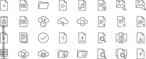 File document management line icons set, data storage cloud transfer symbols, office digital files outline collection, flat vector illustration pack