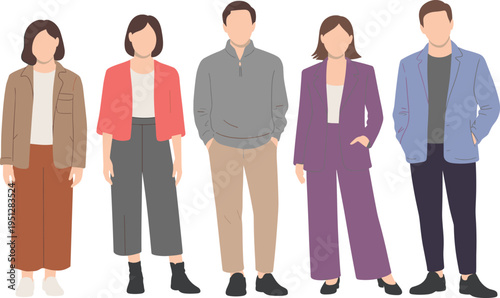 Diverse Group of Professional Men and Women Standing Together in Minimalist Flat Vector Style Wearing Modern Business Casual Jackets and Stylish Smart Office Outfits