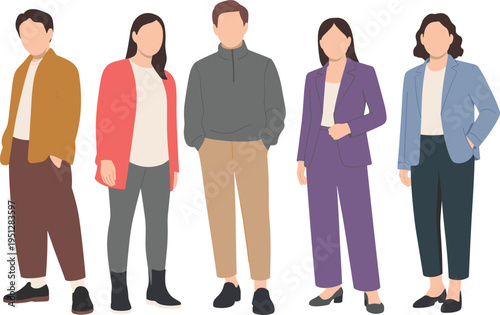 Diverse Group of Professional Business People Standing Together in Minimalist Flat Vector Style Wearing Modern Office Attire Blazers and Smart Casual Work Fashion Outfits