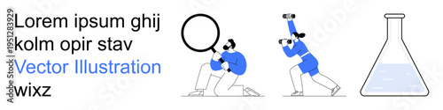 Scientific research, discovery, education, innovation, observation, exploration. Two figures analyzing with telescope and magnifying glass, flask experimentation. Scientific research and discovery