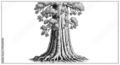 Giant Sequoia Tree Illustration - Vintage Botanical Engraving Style