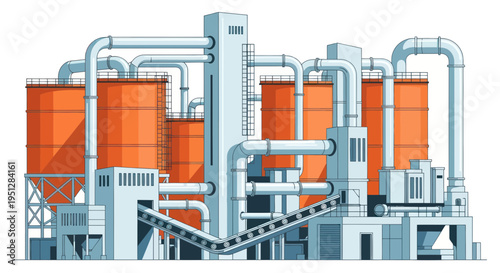 Industrial Factory Complex with Silos and Pipelines