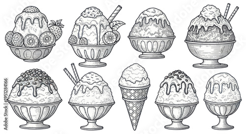 Hand-drawn Shaved Ice Desserts Collection: Variety of Toppings and Flavors