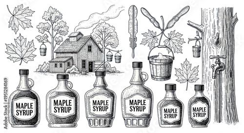 Maple Syrup Production: Vintage Illustration of Sugar Shack, Trees, Barrels, and Bottles