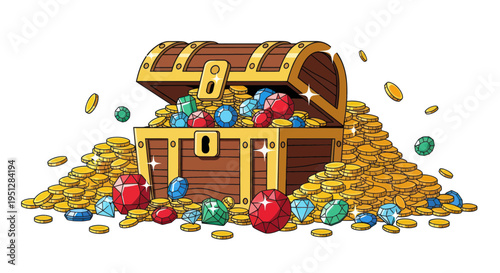 Treasure Chest Overflowing with Gold Coins and Sparkling Gemstones