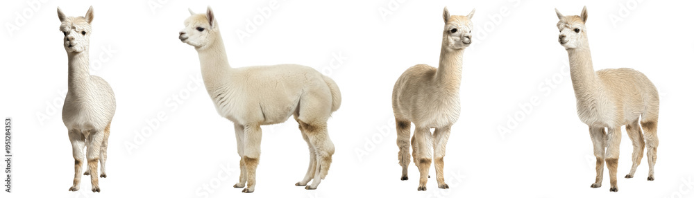 Fototapeta premium A delightful collection of four charming alpacas, captured in various natural poses, showcasing their soft.