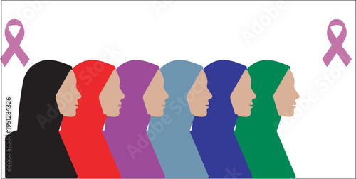 Women silhouettes wearing hijab lined in bright colors with pink ribbons symbolizing solidarity strength and breast cancer awareness campaign