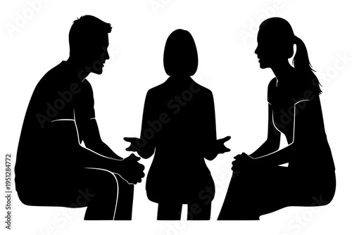 Couple in Family Therapy Counselor Mediator Resolution Conflict Management Black Vector Silhouette
