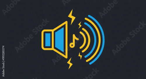 Sound wave and speaker icon with music notes and lightning bolts on dark background
