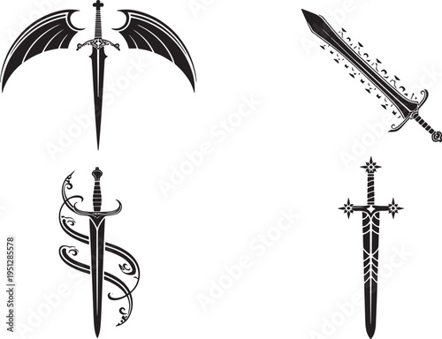 fantasy sword designs Collection of diverse featuring angelic, ornate, and mystical weaponry