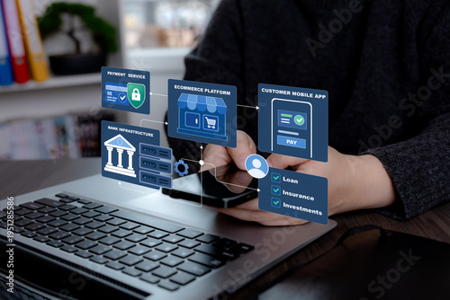 Person using smartphone and laptop with embedded finance interface connecting ecommerce platform, payment service, banking infrastructure, and customer mobile app.