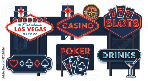Las Vegas Casino Neon Signs Collection: Slots, Poker, Drinks, Roulette, Welcome