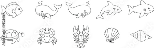 Cute marine animal outline icons collection with fish shells starfish crab