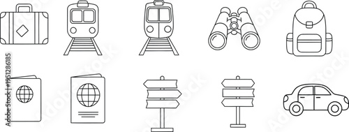 Travel transportation icons collection with suitcase train binoculars backpack passport